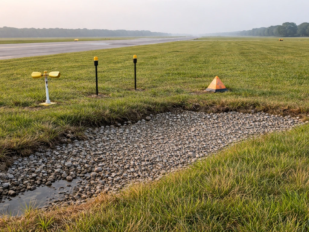 Airport edge near a runway with trimmed grass, dry ground, and simple wildlife deterrent devices.