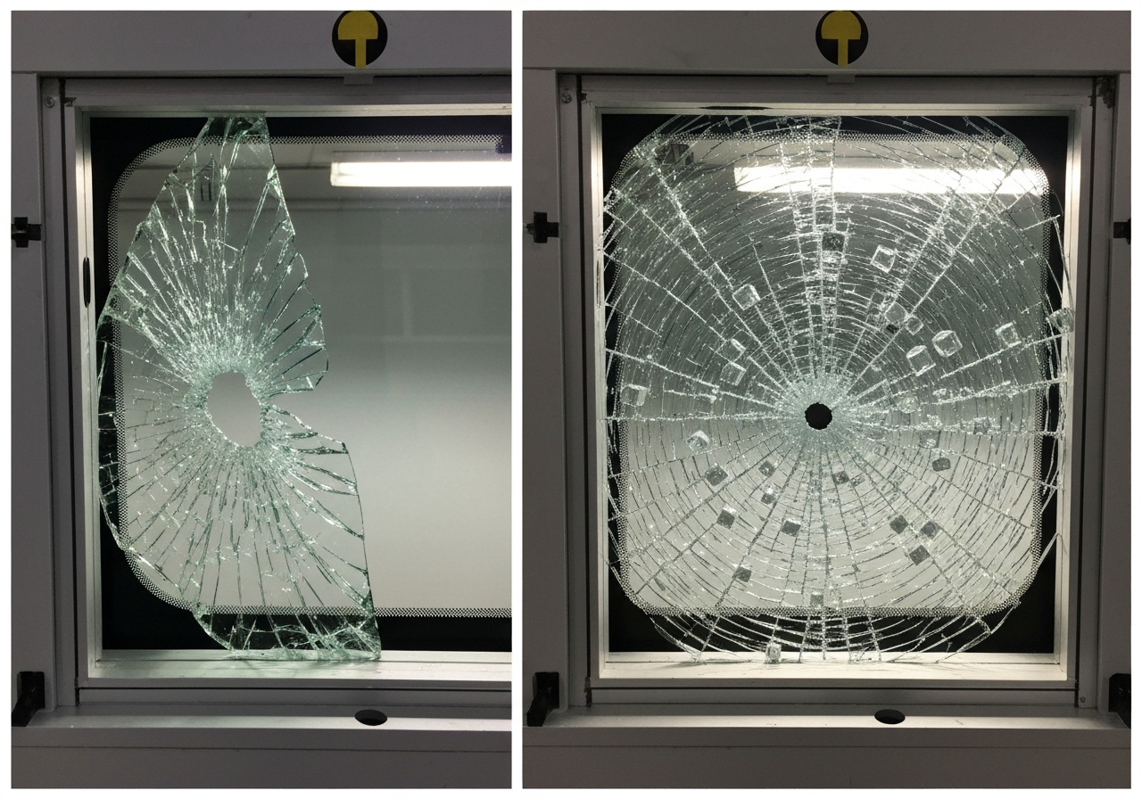 Laminated windshield holds together versus tempered glass shattering behavior.