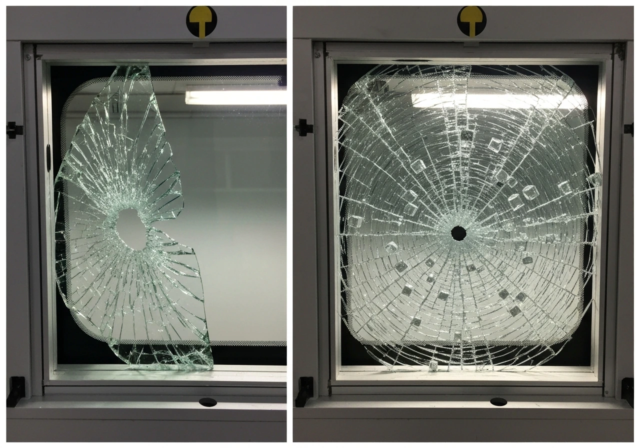 Laminated windshield holds together versus tempered glass shattering behavior.
