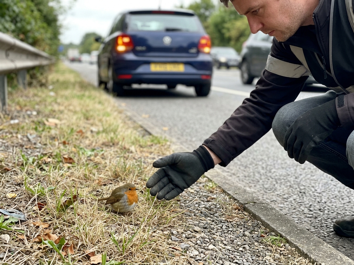 Gloved approach to check a stunned bird safely after a car strike.