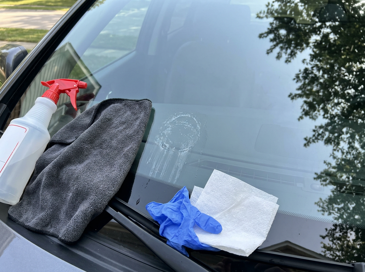 Cleaning bird residue from a windshield with gloves, spray, and microfiber cloth.