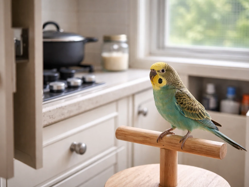 Small pet bird perched near a closed non-stick pan and bird-safe window screen, suggesting quick safety action.