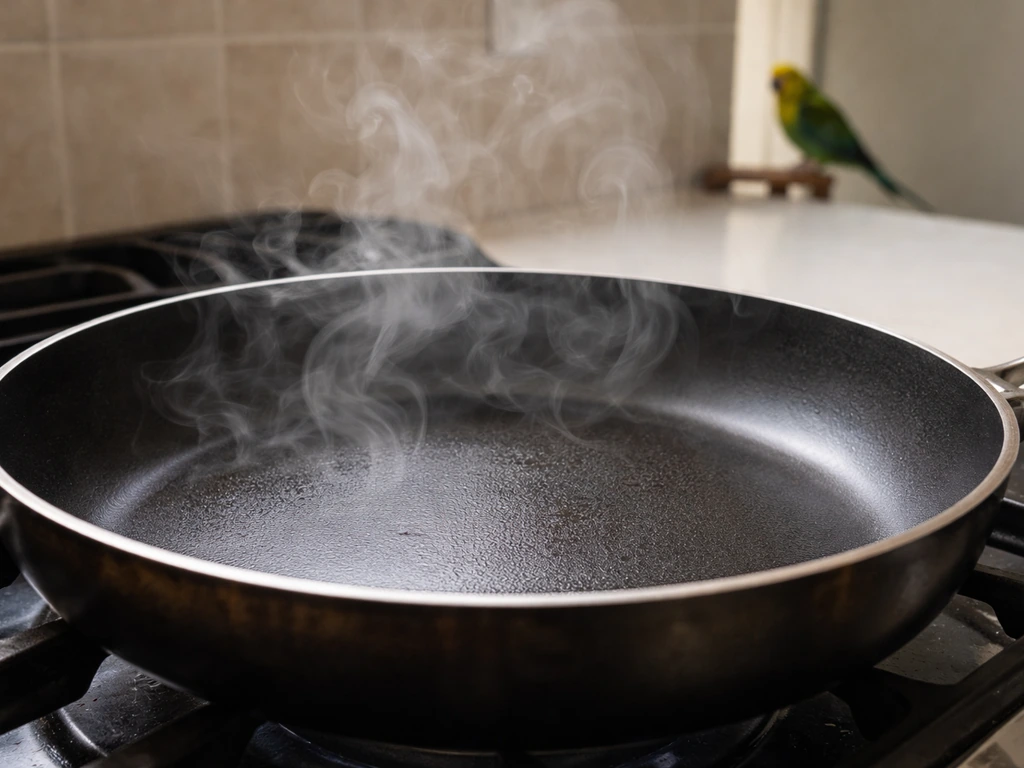 Overheated non-stick pan releasing pale vapor, with a small bird at a safe distance nearby.