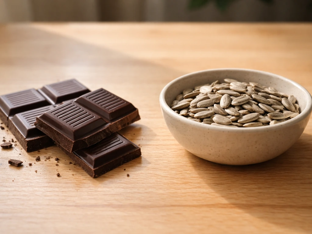 Close-up of dark chocolate pieces beside a small clean bowl with a safe-looking snack, with no birds shown.