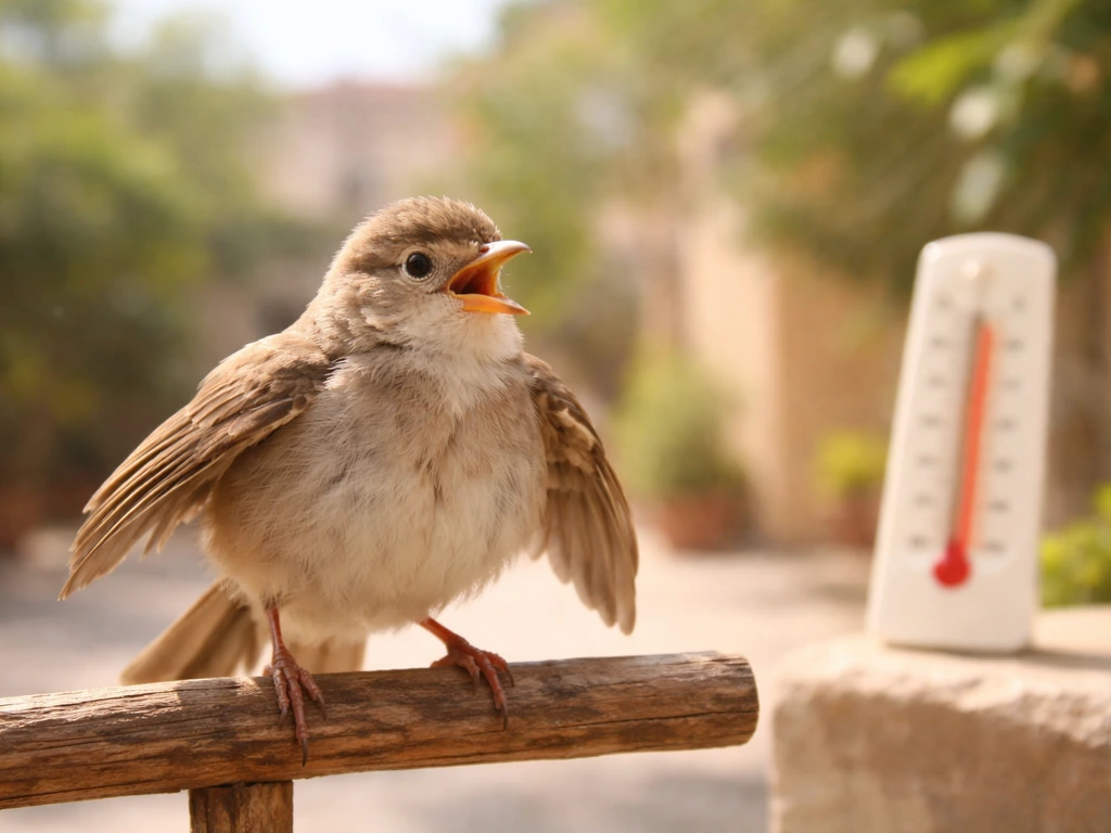 Close-up of a panting bird near a thermometer in a hot, airy environment with wings slightly held out