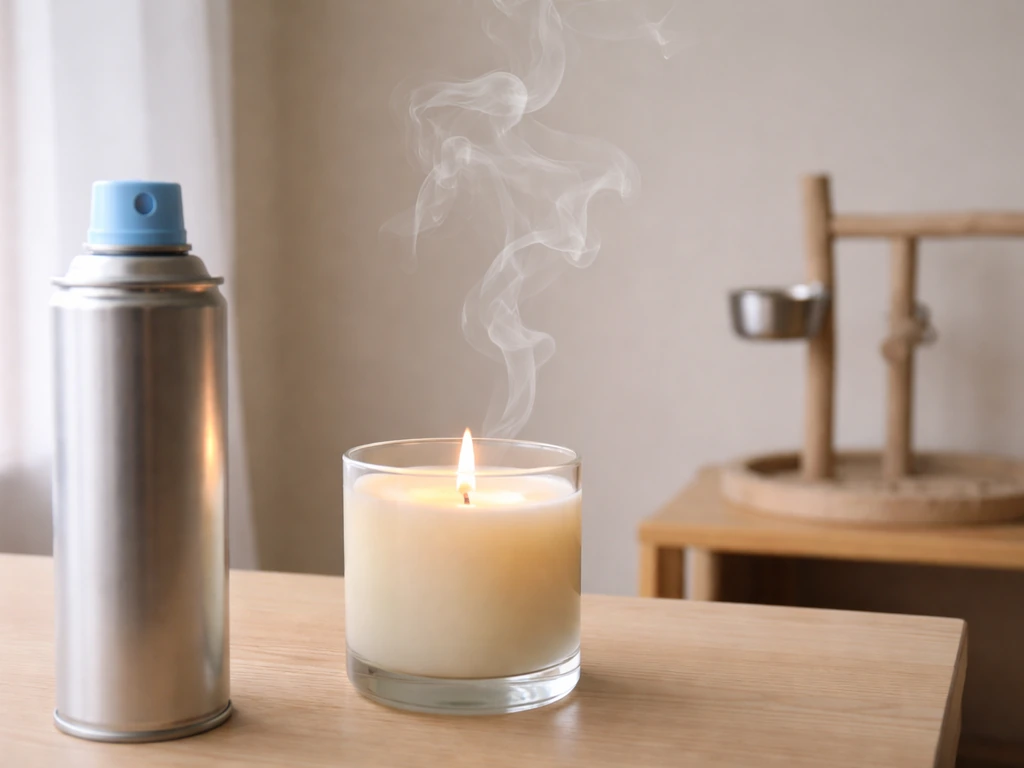 Close-up of an aerosol can and scented candle with soft incense smoke drifting toward a separate bird-safe perch area.