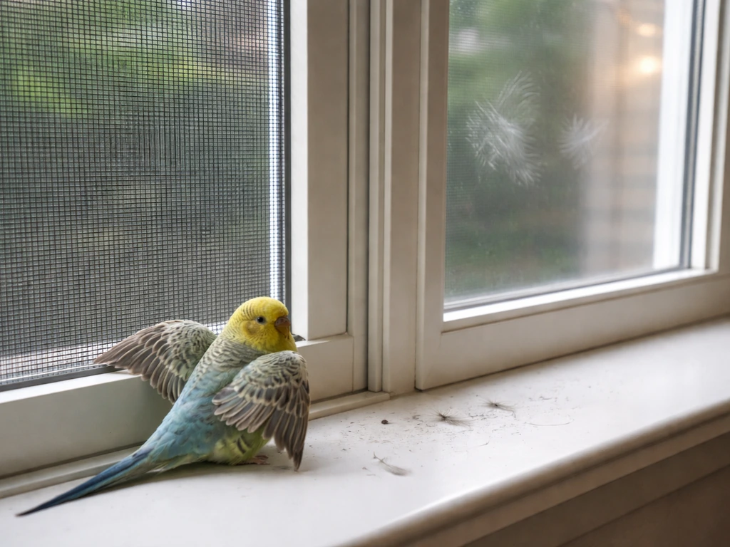 Small pet bird perched by an indoor window with scattered feathers, showing safe screened vs unsafe unscreened pane.
