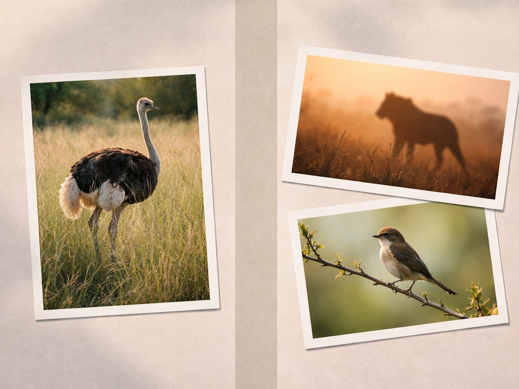Collage of ostrich, lion silhouette, and small bird photos split by a divider, symbolizing myth vs science.