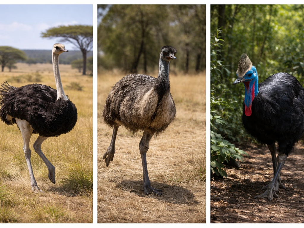Three wildlife photos in one frame: ostrich, emu, and cassowary in forward-leaning kick/charge stances.