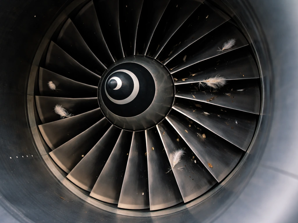 Close-up of a jet engine fan with small feather debris near the blades, suggesting bird ingestion risk.