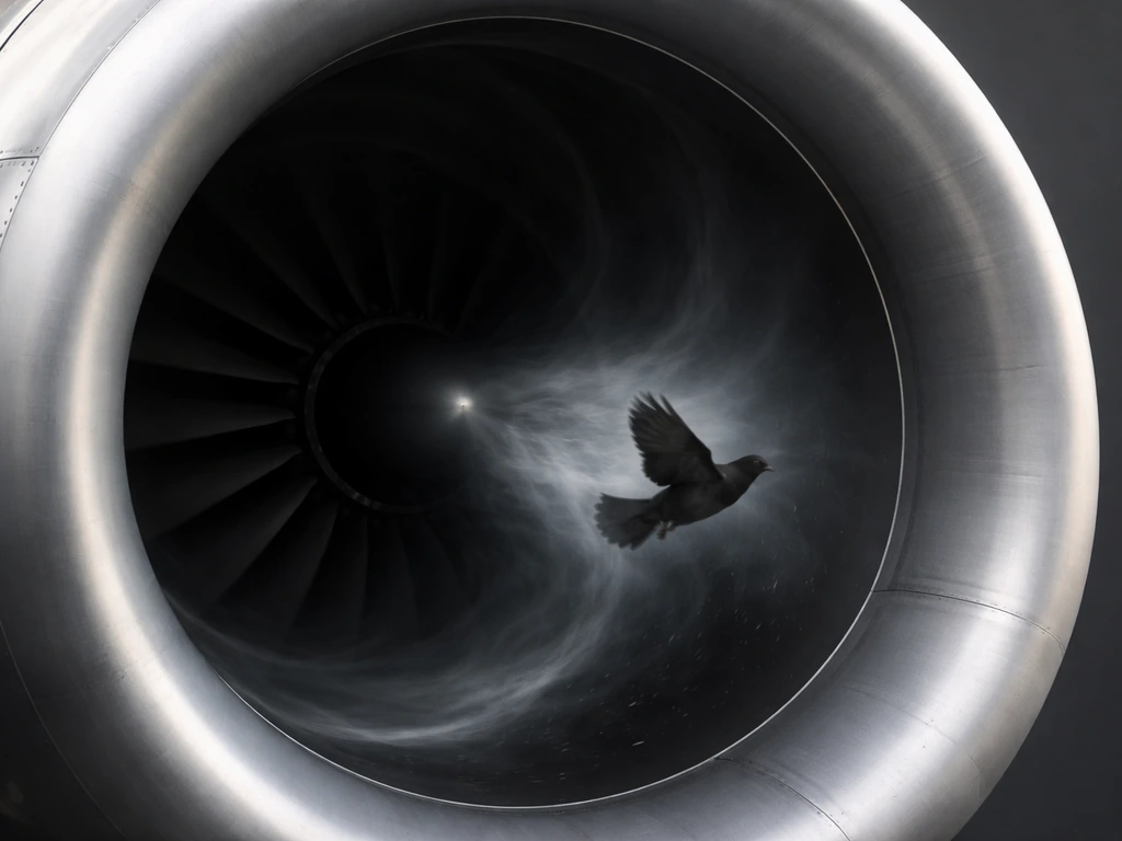 Cutaway-like view into a jet engine intake where a bird is pulled inward toward the fan blades.