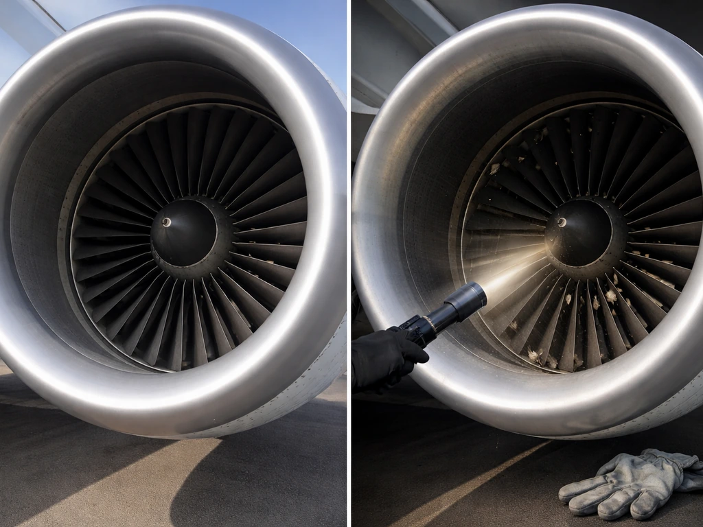 Two-panel photo-style scene: safe myth about no damage vs fact showing an airplane engine fan with debris and inspection