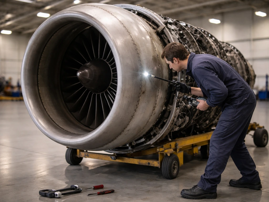 A maintenance technician inspects a turbofan engine after bird ingestion with borescopes at an airport hangar