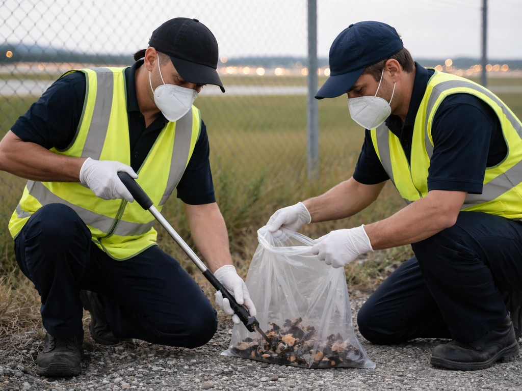 Airport cleanup workers in protective gear bagging bird remains near the runway fence.