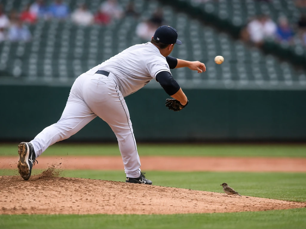 MLB pitcher mid-throw on a baseball field with a small bird near the mound, impact implied safely.