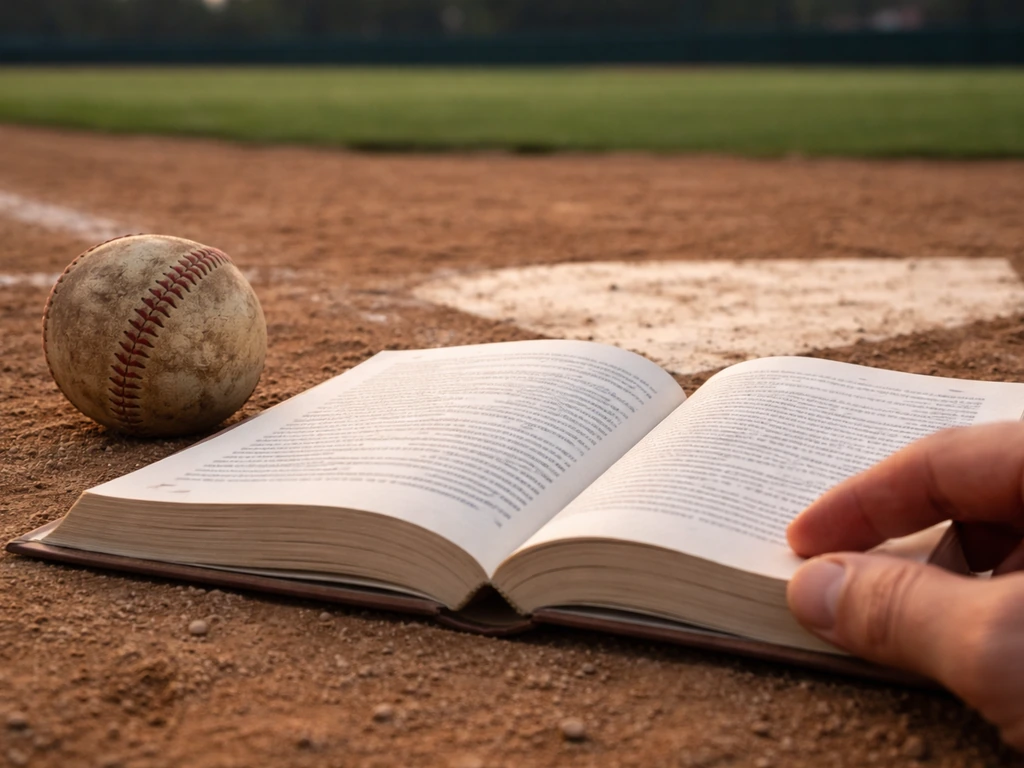 Close-up of an open baseball rulebook near the infield dirt with a baseball, symbolic and neutral.