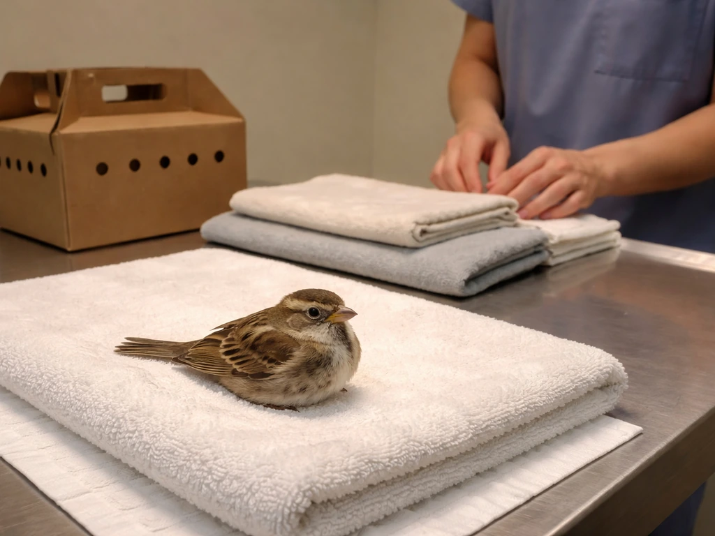 Wild bird resting on a clean towel in a quiet vet exam room with a rehabilitator nearby.