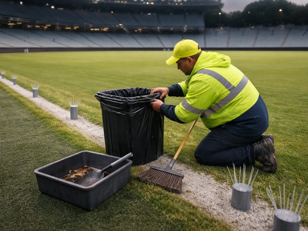 Grounds crew covers trash and removes bird attractants near a grass stadium field.
