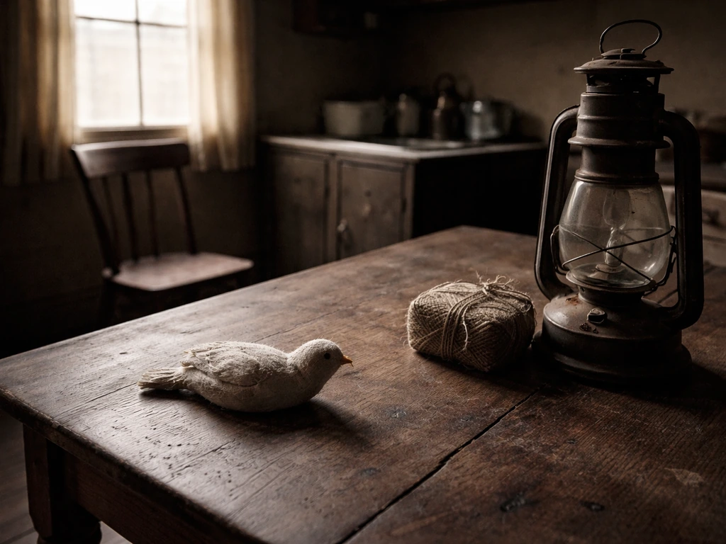 Early-1900s farmhouse kitchen table with a small cloth bird, lantern, and twine in a tense mystery mood.
