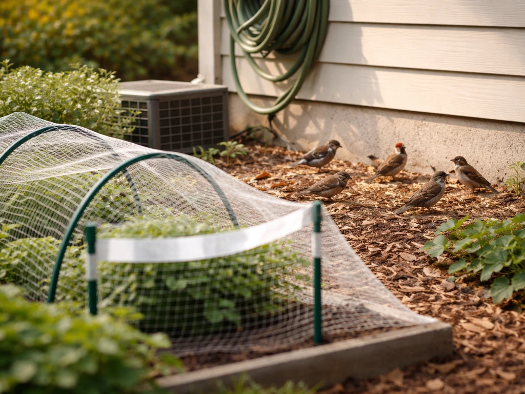 Small birds gathered near a garden and house edge beside unobtrusive humane deterrent gear.