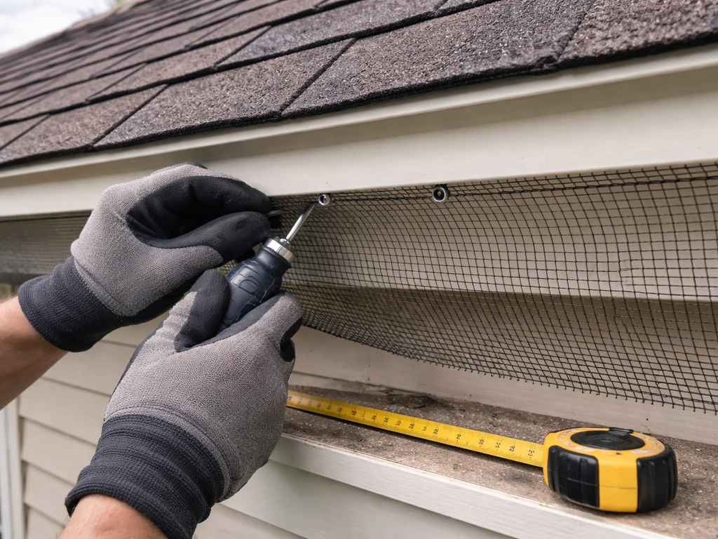 Close-up of someone installing bird-exclusion mesh along a home eave with measuring tape and fasteners