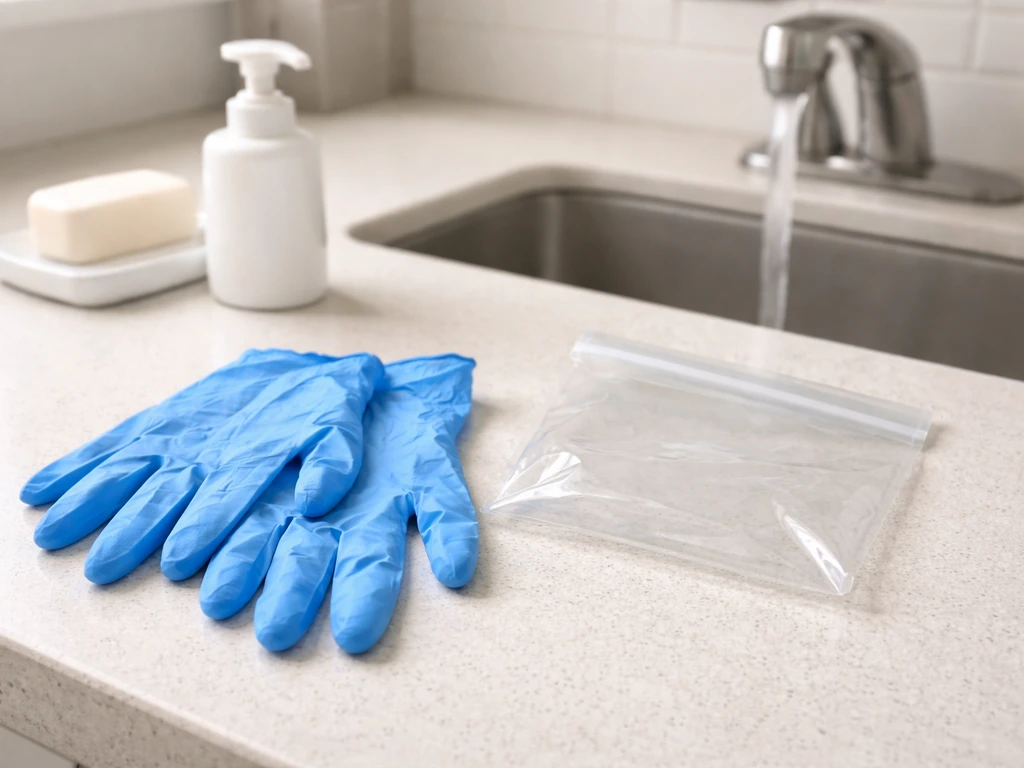 Disposable gloves and sealed plastic bag on a kitchen counter, with soap and water hygiene setup