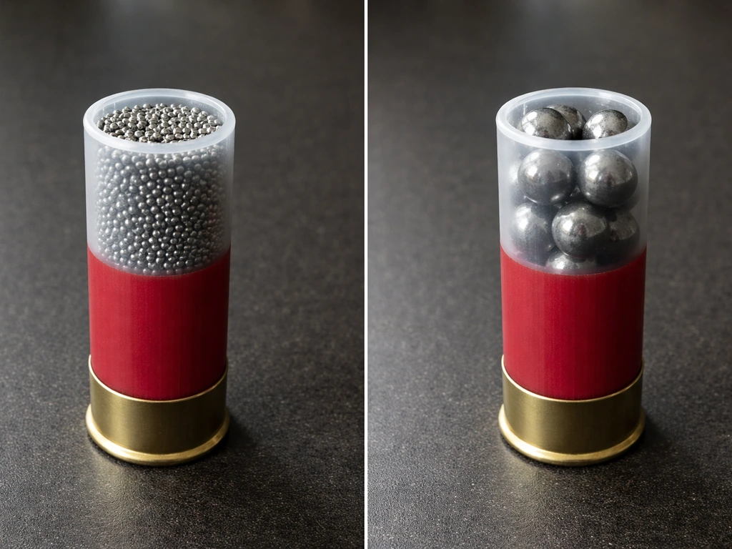 Split view of two shotgun shells on a dark table: birdshot-like vs buckshot-like pellets.