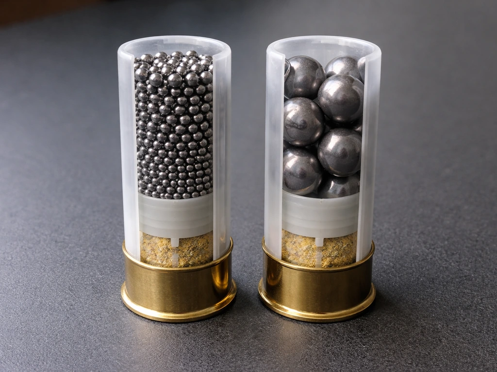 Side-by-side view of transparent shell cutaways showing many small birdshot pellets vs fewer larger buckshot pellets.