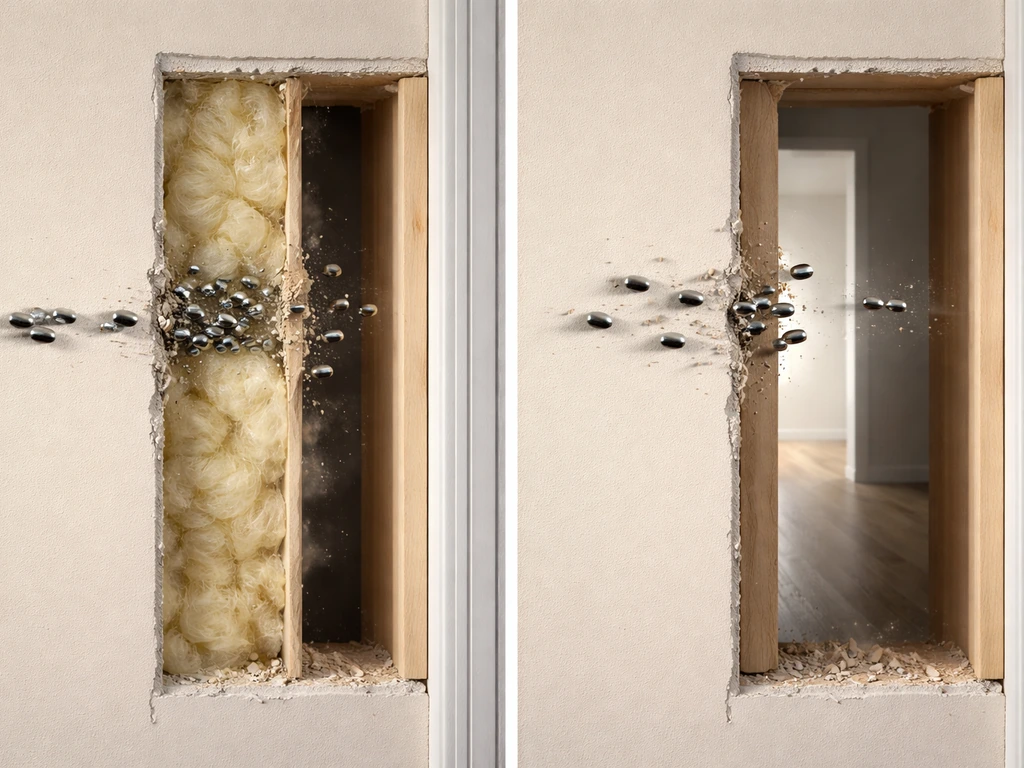 Photo of a drywall wall mockup showing pellets stopping in one area and penetrating through another.
