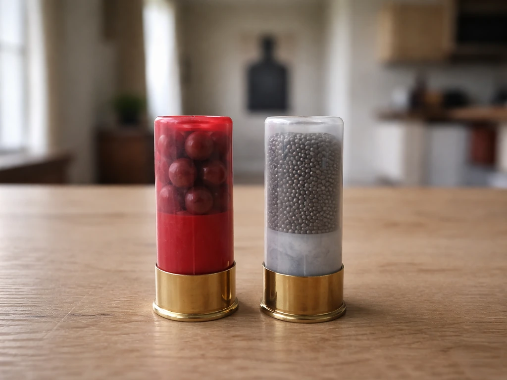Close-up of defensive shotgun shells showing 00 buckshot beside a lower-penetration shell, on a clean tabletop.