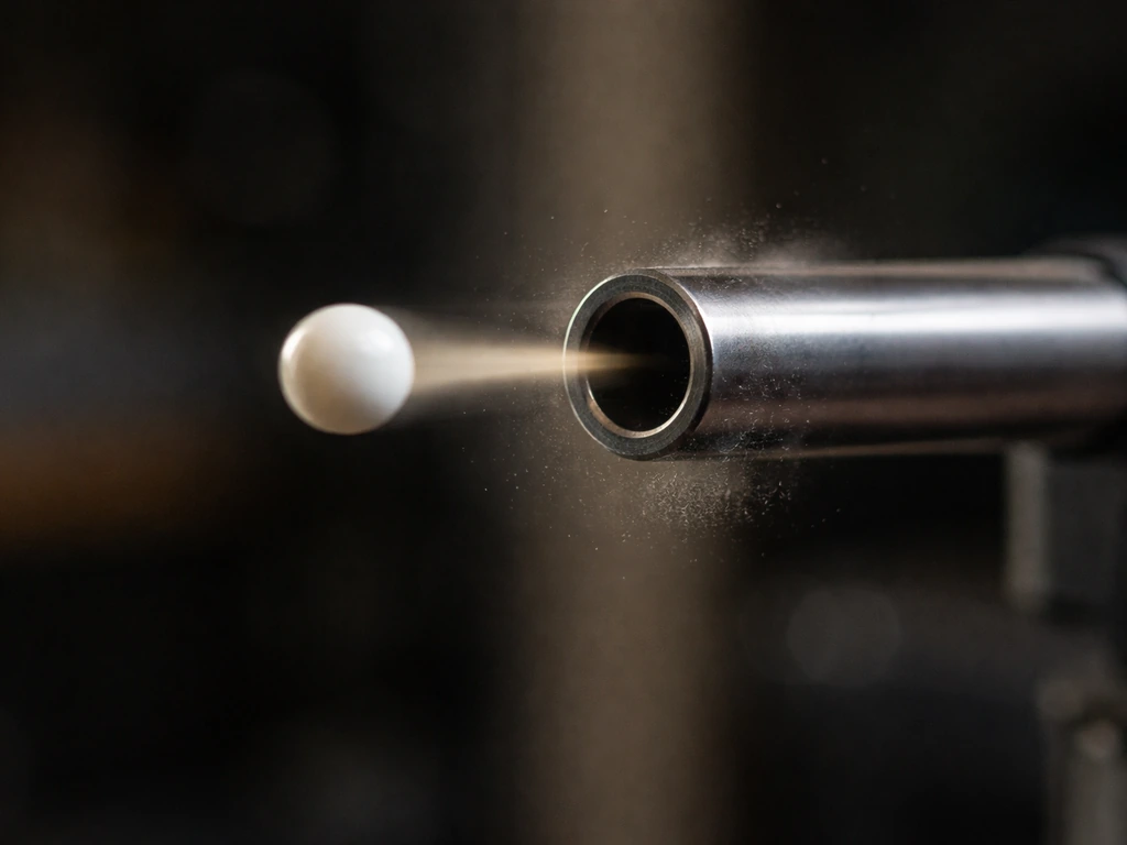 Airsoft BB just exiting a metal barrel, with a subtle light streak showing high velocity.
