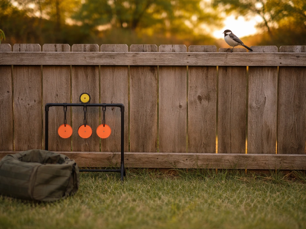 Small bird perched on a backyard fence near a simple airsoft target setup; no gun firing in frame.