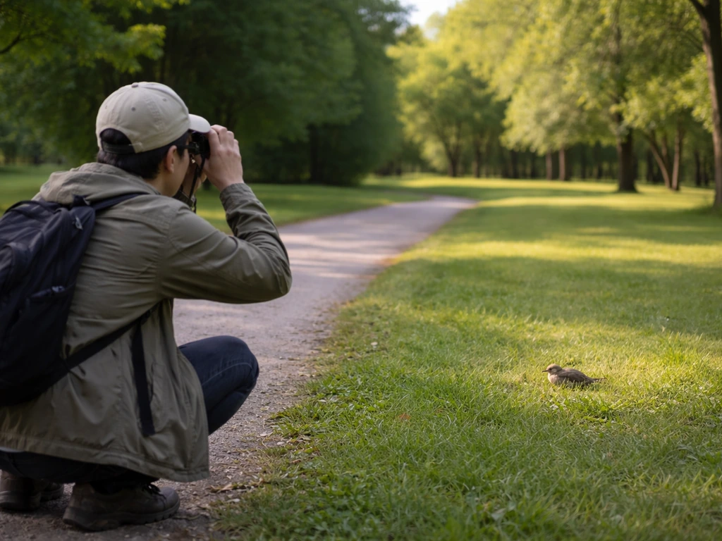 Kneeling person using binoculars from a distance to check a downed bird on grass