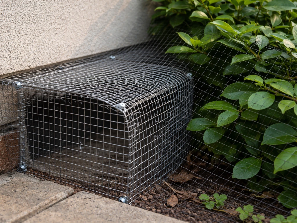 Hardware cloth and bird netting secured over a vent to deter nuisance birds.
