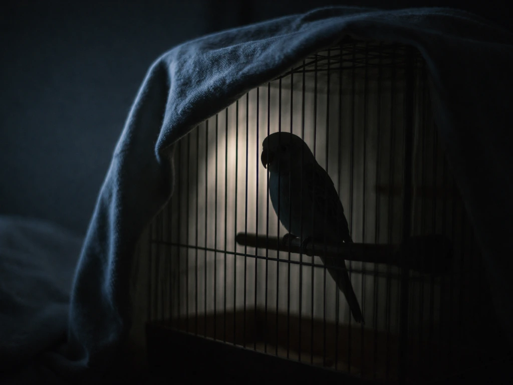 A small pet bird sits alert inside a covered cage under dim nighttime light.