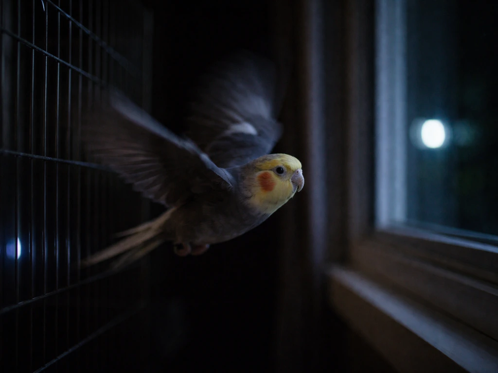 A small pet bird panics and flies erratically near cage bars at night with faint window light.
