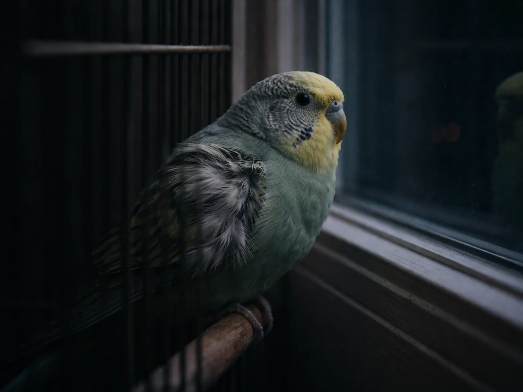 Nighttime bird near window with a small area of disturbed feathers, aftermath of a collision
