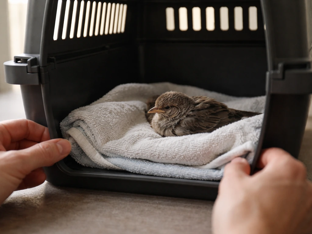Injured bird resting on a towel inside a small ventilated dark container while a caregiver cools the area