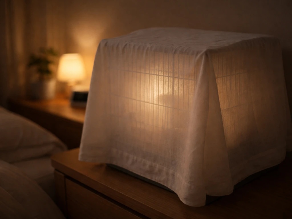 Pet bird cage at night with a breathable opaque cover and a soft steady nightlight in the room.
