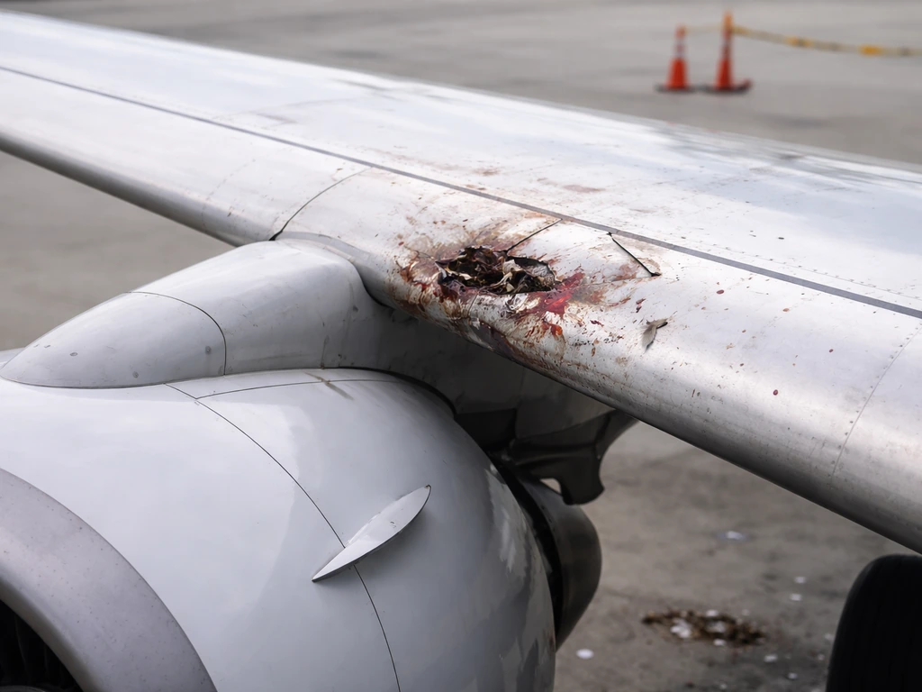 Close view of a bird strike impact mark on an aircraft wing near the engine, with safety tape nearby