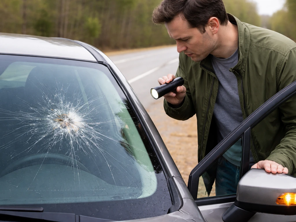 Person in a parked car safely inspecting a cracked windshield after a bird strike on the shoulder.