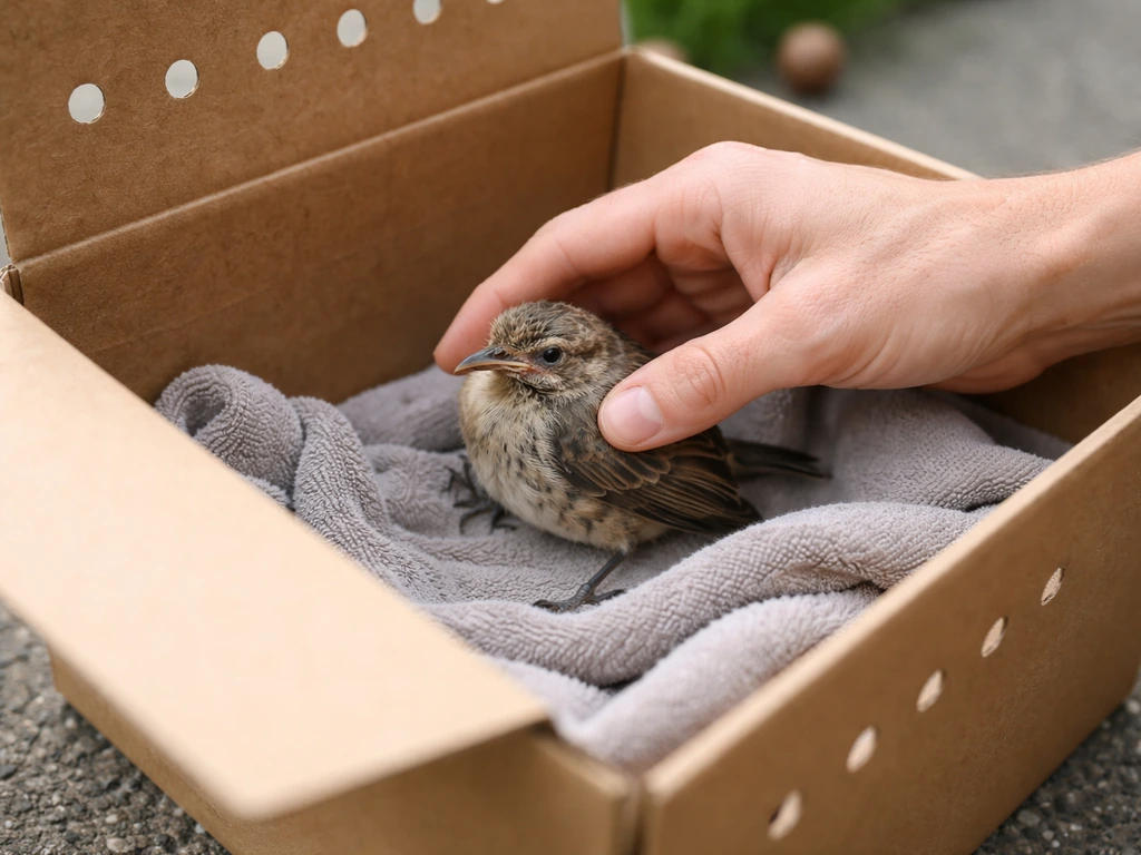 Hands gently placing a stunned bird into a small ventilated cardboard box lined with a towel
