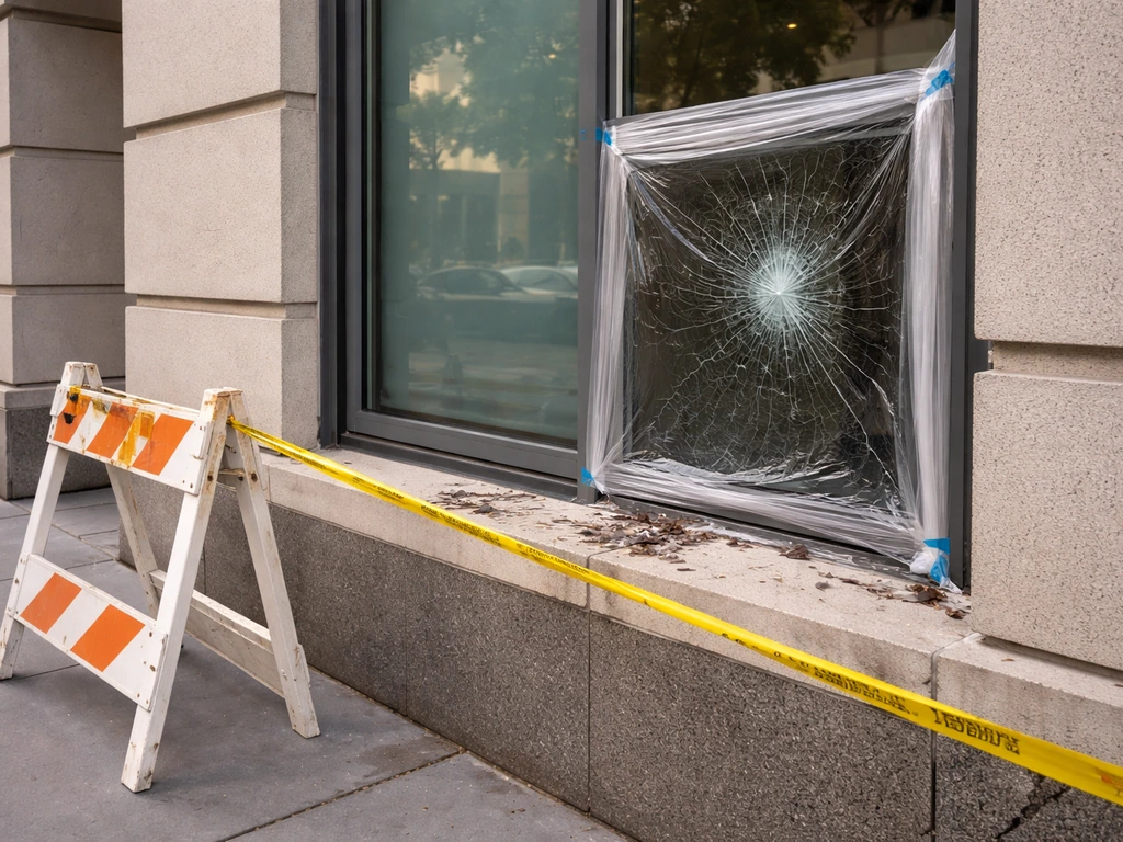 Close exterior view of a building window with cracked glass and scattered bird debris, hazard barrier nearby.
