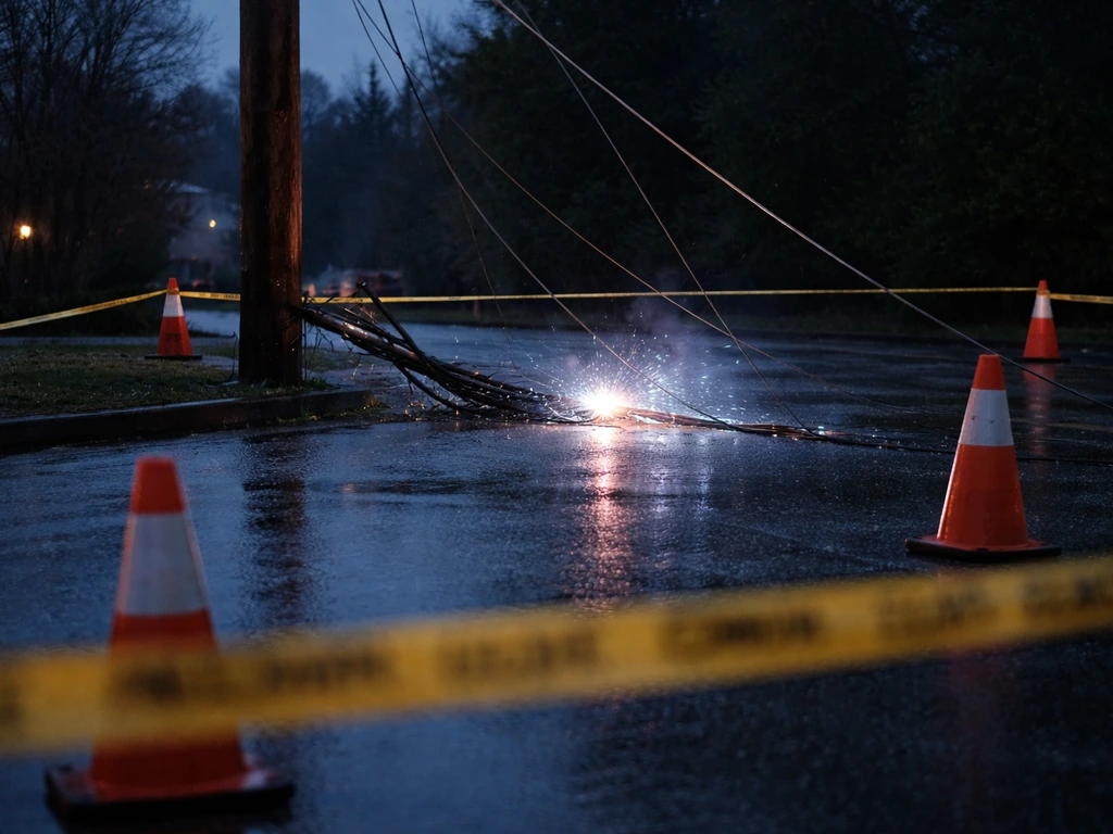 Sparking downed power line near a utility pole, cordoned off with cones and distance tape, no people.
