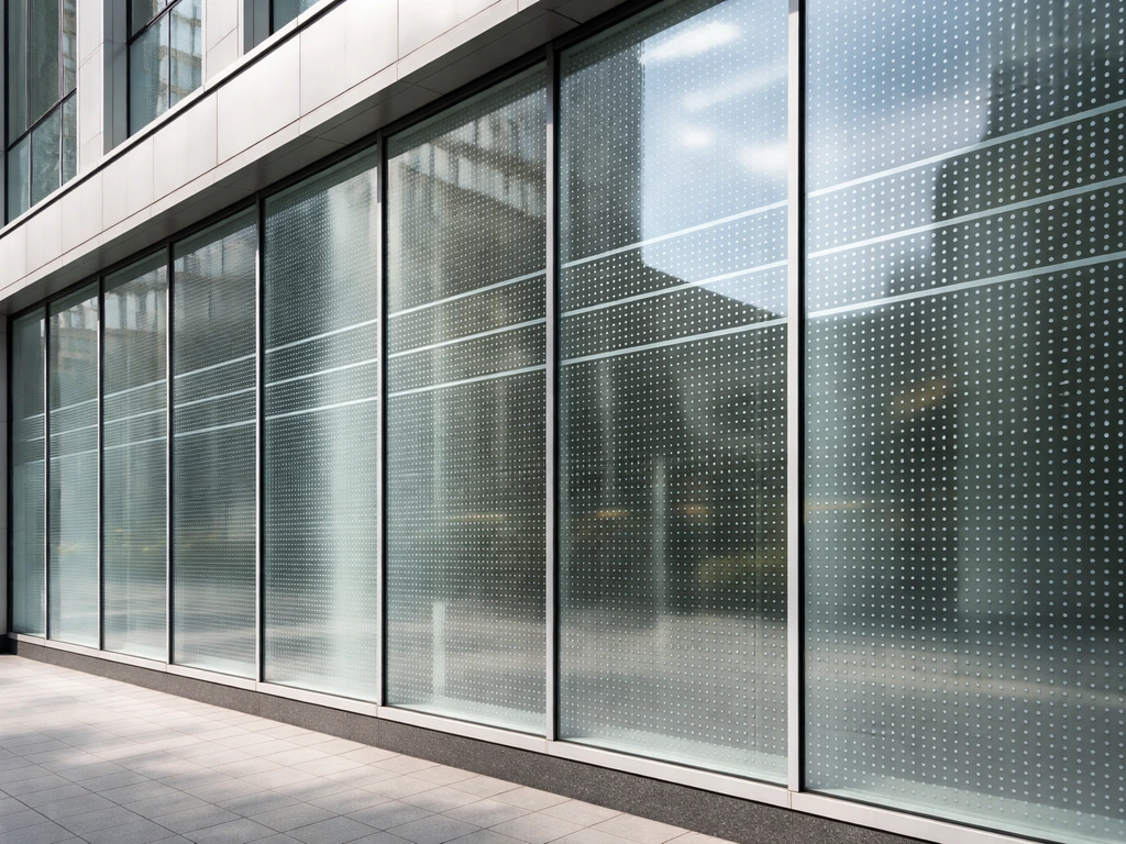 Close view of a modern glass facade with bird-safe visible patterns catching light from outside