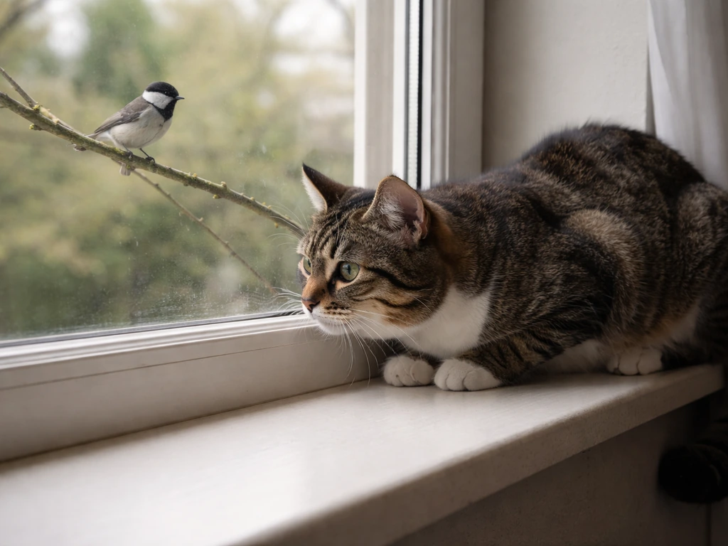 Cat crouched behind a window staring at a small bird outside, separated by glass.