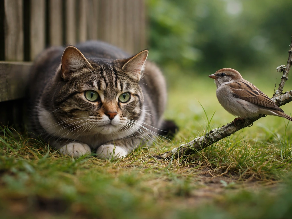 A cat calmly making eye contact with a small bird perched nearby, both unharmed in a quiet outdoor setting.