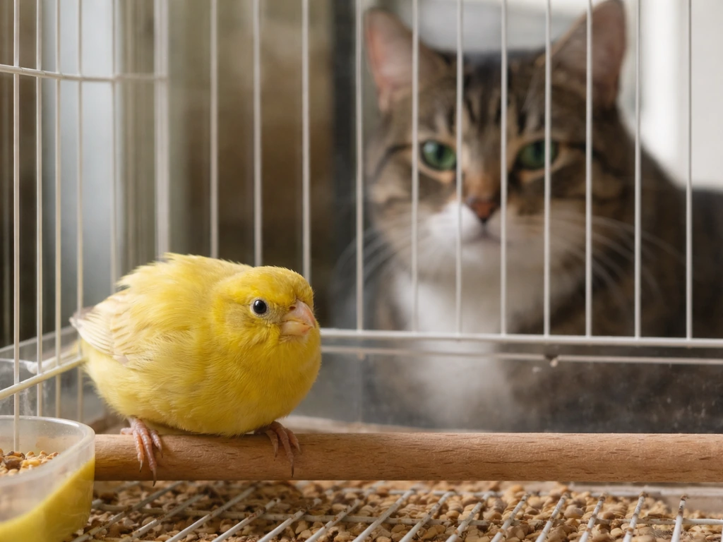 A small bird inside a cage shows stress posture while a cat watches outside the cage.