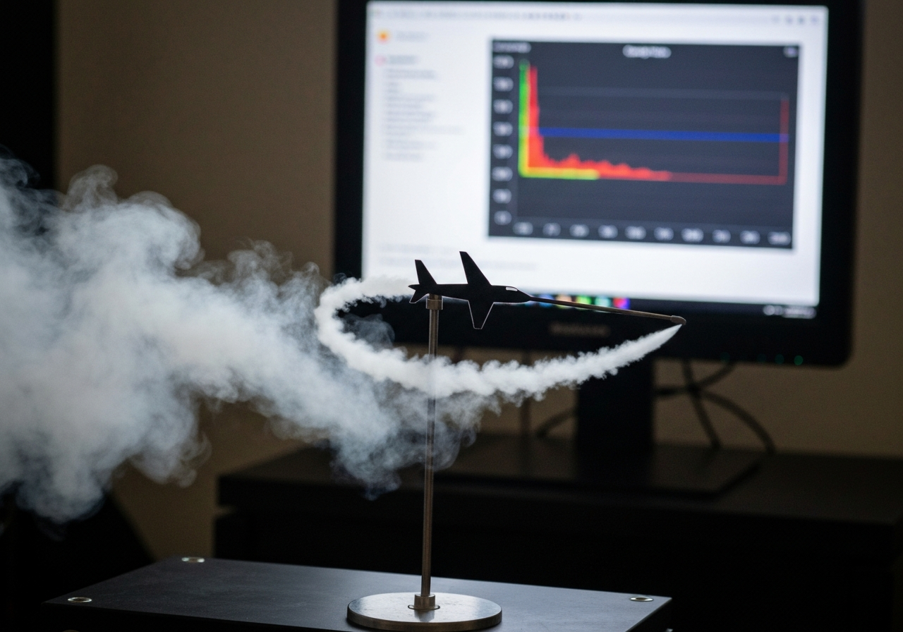 Smoke tracer and small model illustrate the wavefront concept of crossing the sound barrier.