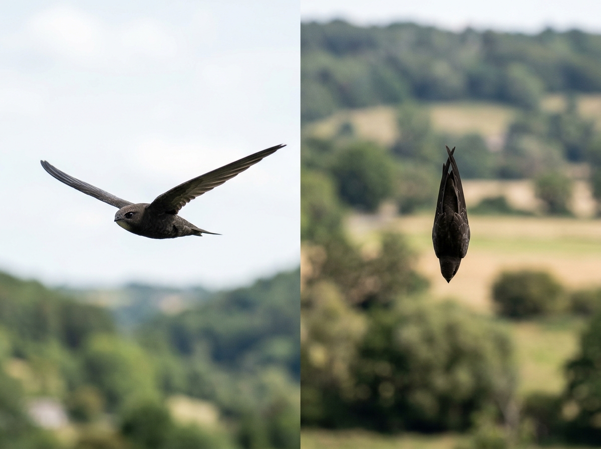 Bird in level flight vs steep dive posture to show practical speed limits and drag.